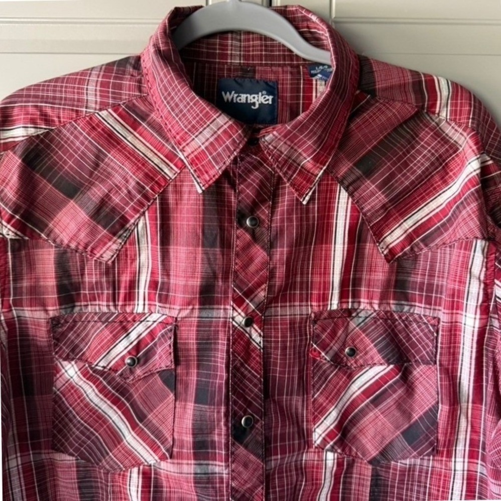 Wrangler Western Plaid Single Stitch Snap LS Shirt,Red, L‎